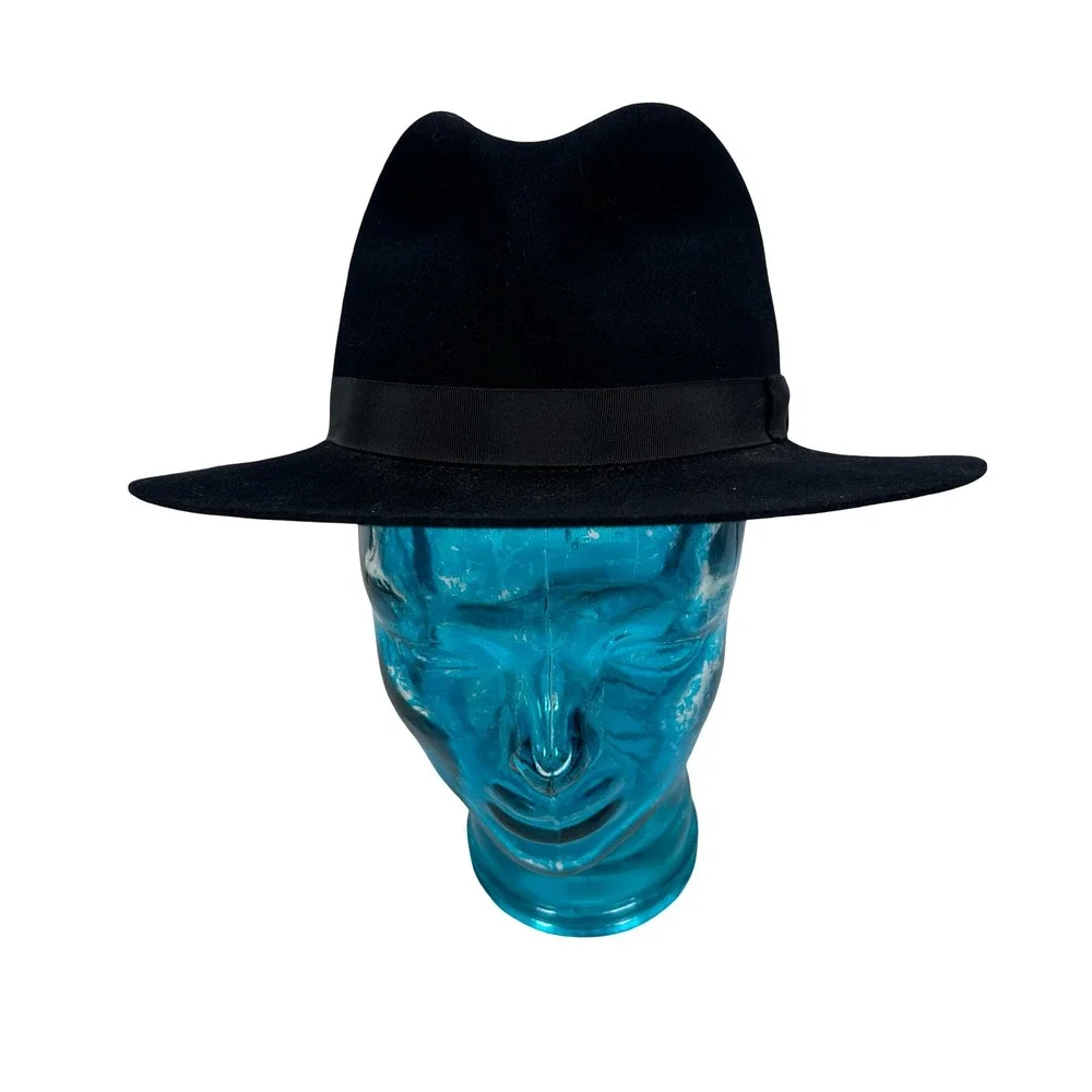 Fiorentino Black Fur Felt Fedora Hat Made in Italy Small Pinch Front‎ Wide Brim